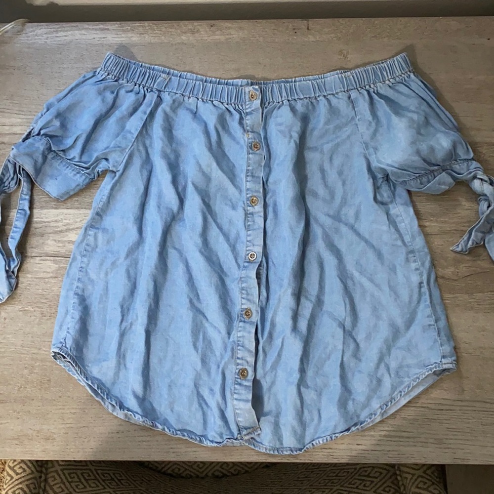 Off the Shoulder Denim Button Up Shirt